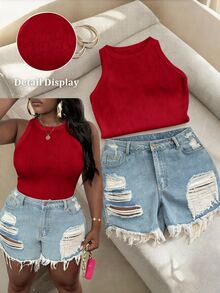 Slaydiva 92% Cotton Ribbed Red Tank Top Plus Size Casual Basic Fitted White Round Neck Off-Shoulder Tank Top - Red - View 6