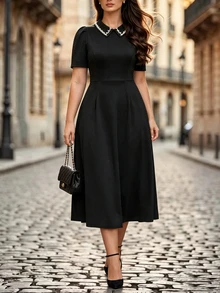 Velvienne Plus Size Women's Elegant Beaded Collar Puff Short Sleeve Cinched Waist Long Dress, Suitable For Daily Wear, Dating, Dining, Party - Black - View 7