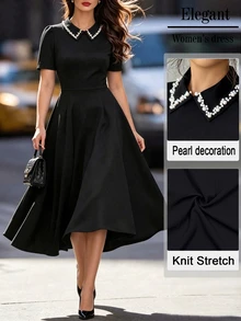 Velvienne Plus Size Women's Elegant Beaded Collar Puff Short Sleeve Cinched Waist Long Dress, Suitable For Daily Wear, Dating, Dining, Party - Black - View 3