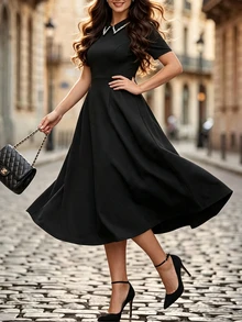 Velvienne Plus Size Women's Elegant Beaded Collar Puff Short Sleeve Cinched Waist Long Dress, Suitable For Daily Wear, Dating, Dining, Party - Black - View 4