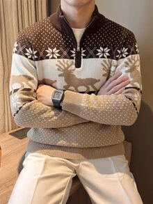 Manfinity Homme 男士半拉鍊立領長袖套頭毛衣，馴鹿提花秋冬服飾，聖誕風秋冬咖啡色撞色時尚百搭雪花圖案長袖套頭毛衣 - 彩色 - 查看 6