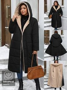 Reflora Plus Size Long Thick Thermal Lined Hooded Padded Coat For Autumn/Winter - Black - View 1