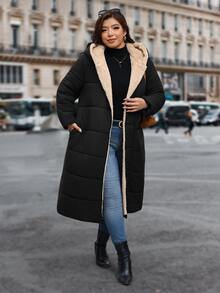 Reflora Plus Size Long Thick Thermal Lined Hooded Padded Coat For Autumn/Winter - Black - View 3