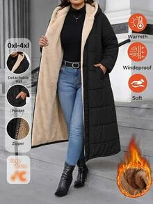 Reflora Plus Size Long Thick Thermal Lined Hooded Padded Coat For Autumn/Winter - Black - View 12