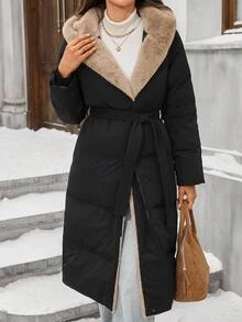 Reflora Plus Size Long Thick Thermal Lined Hooded Padded Coat For Autumn/Winter - Black - View 11