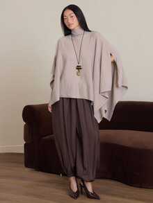 COSMINA Women's Solid Color Cape Design High Neck Elegant Knit Sweater - Grey - View 3