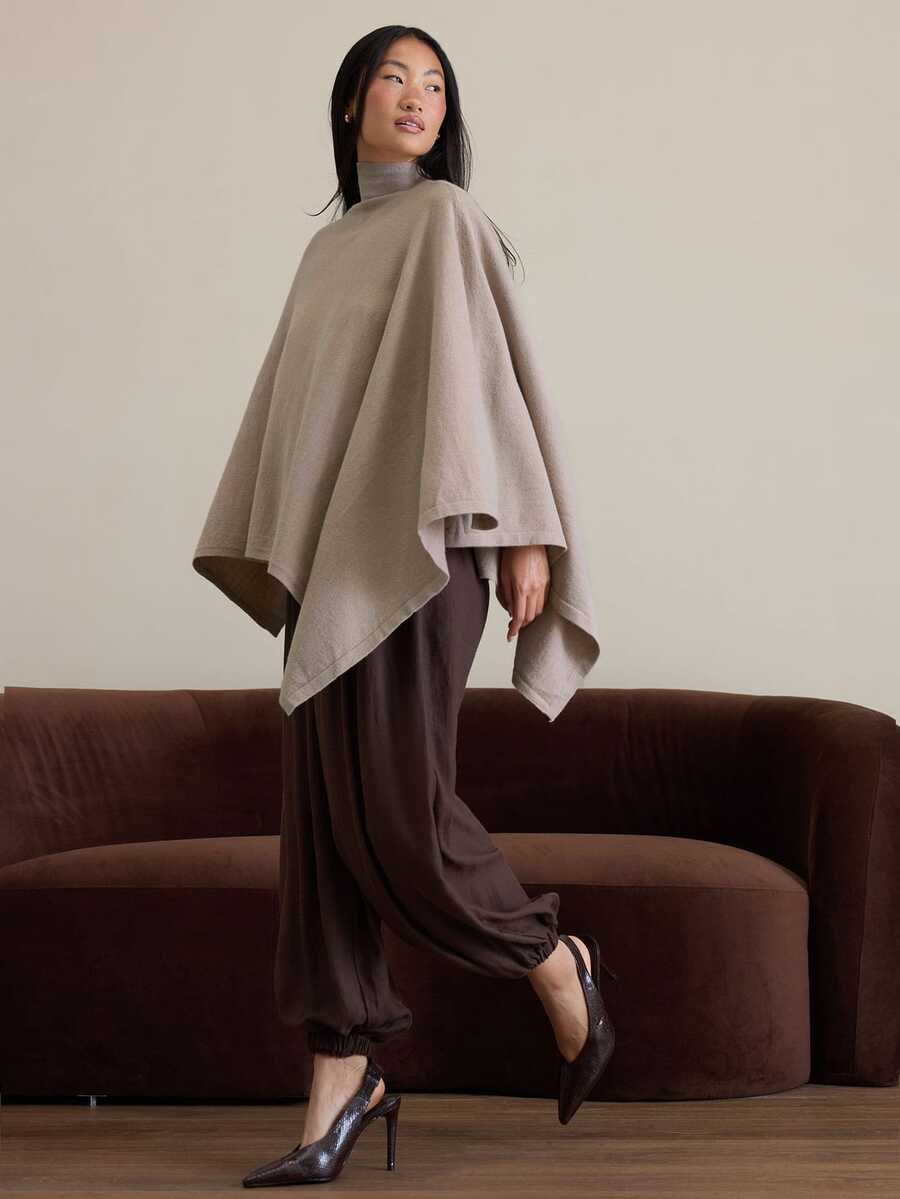 COSMINA Women's Solid Color Cape Design High Neck Elegant Knit Sweater - Grey - View 1
