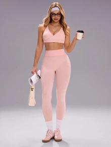 Sovereign Charm Pink Minimalist Spaghetti Strap V-Neck Seamless Activewear Set, Suitable For Gym Wear - Pink - View 7