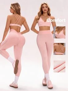 Sovereign Charm Pink Minimalist Spaghetti Strap V-Neck Seamless Activewear Set, Suitable For Gym Wear - Pink - View 1
