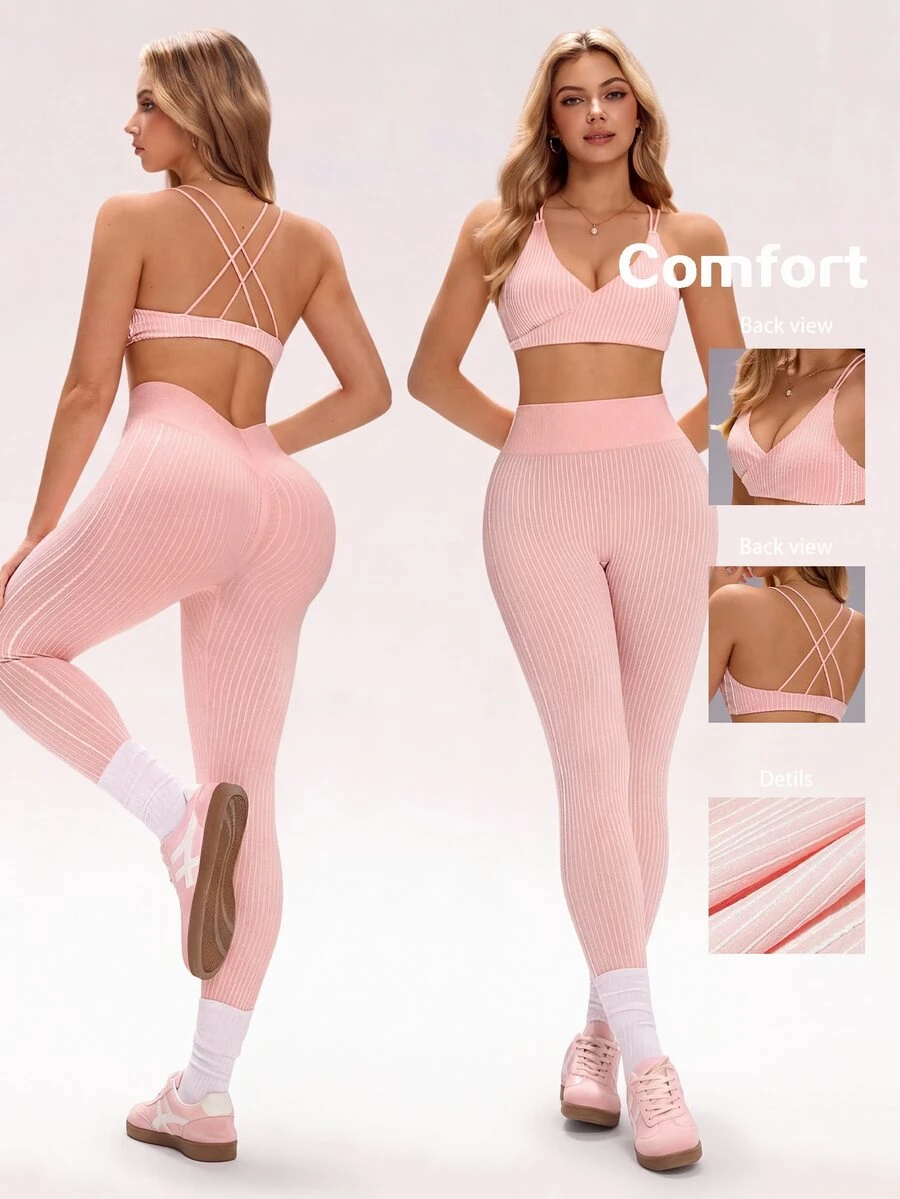 Sovereign Charm Pink Minimalist Spaghetti Strap V-Neck Seamless Activewear Set, Suitable For Gym Wear - Pink - View 1