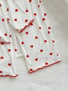 SHEIN طقم بيجامة طويلة الأكمام للبنات الرضع بنمط نقاط وقلوب، مريح وعملي - أبيض - مشاهدة 7
