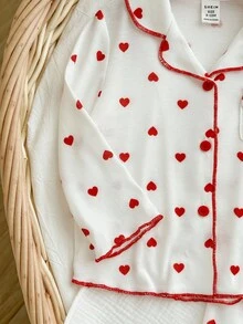 SHEIN طقم بيجامة طويلة الأكمام للبنات الرضع بنمط نقاط وقلوب، مريح وعملي - أبيض - مشاهدة 8