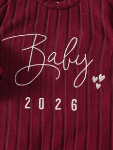 SHEIN Newborn Baby Autumn Comfortable Casual Cute Graphic Letter Print Long Sleeve Romper + Hat, Suitable For Any Occasion Photoshoot Burgundy - Burgundy - View 5