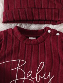 SHEIN Newborn Baby Autumn Comfortable Casual Cute Graphic Letter Print Long Sleeve Romper + Hat, Suitable For Any Occasion Photoshoot Burgundy - Burgundy - View 4