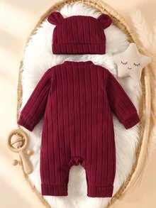SHEIN Newborn Baby Autumn Comfortable Casual Cute Graphic Letter Print Long Sleeve Romper + Hat, Suitable For Any Occasion Photoshoot Burgundy - Burgundy - View 3