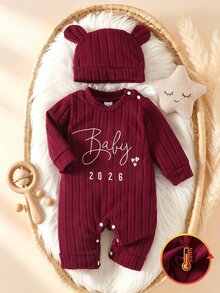 SHEIN Newborn Baby Autumn Comfortable Casual Cute Graphic Letter Print Long Sleeve Romper + Hat, Suitable For Any Occasion Photoshoot Burgundy - Burgundy - View 2