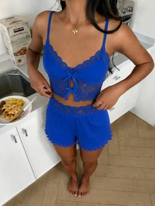 ZzzCrew 2pcs/Set Women's Knit Ribbed Pajama Set, Sexy Lace Camisole With Bow And Shorts Summer Sleepwear Set - Blue - View 4