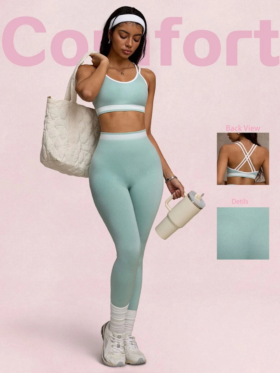 SHEIN Sovereign Charm 2pcs/Set Seamless High Stretch Sports Fitness Yoga Bra And Leggings Set, Fashion Color Blocking