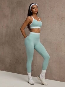 SHEIN Sovereign Charm 2pcs/Set Seamless High Stretch Sports Fitness Yoga Bra And Leggings Set, Fashion Color Blocking - Mint Green - View 8