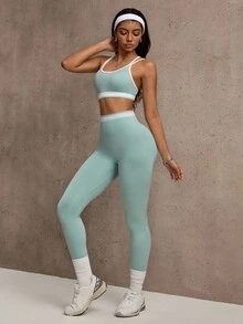 SHEIN Sovereign Charm 2pcs/Set Seamless High Stretch Sports Fitness Yoga Bra And Leggings Set, Fashion Color Blocking - Mint Green - View 7