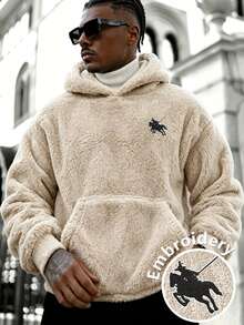 Manfinity Roghcode Men Fleece Hoodie Winter Warm Streetwear Pullover Soft Fuzzy Plush Casual Hooded Sweatshirt - Khaki - View 2