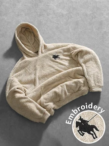 Manfinity Roghcode Men Fleece Hoodie Winter Warm Streetwear Pullover Soft Fuzzy Plush Casual Hooded Sweatshirt - Khaki - View 3