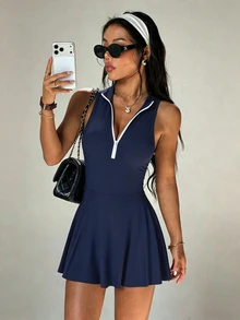 SHEIN Sovereign Charm 女士休闲无袖马卡龙粉色运动连衣裙，常规立领，撞色半开领，带口袋的连体短裤，适合日常休闲穿着，时尚百搭，跑步、瑜伽、健身、网球、高尔夫等运动皆宜。 - 藏蓝色 - 查看 7