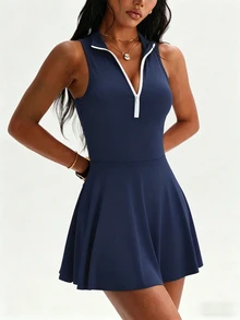 SHEIN Sovereign Charm 女士休闲无袖马卡龙粉色运动连衣裙，常规立领，撞色半开领，带口袋的连体短裤，适合日常休闲穿着，时尚百搭，跑步、瑜伽、健身、网球、高尔夫等运动皆宜。 - 藏蓝色 - 查看 8