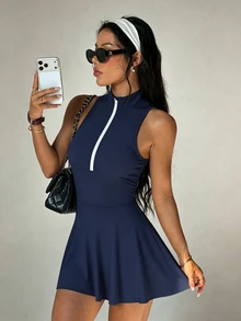 SHEIN Sovereign Charm 女士休闲无袖马卡龙粉色运动连衣裙，常规立领，撞色半开领，带口袋的连体短裤，适合日常休闲穿着，时尚百搭，跑步、瑜伽、健身、网球、高尔夫等运动皆宜。 - 藏蓝色 - 查看 6