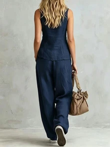 Glimmora Women's Fashion 2 Pieces Set Sleeveless Cut Collar Zipper Top And Long Pants Suitable For Commuting, Vacation - Navy Blue - View 2