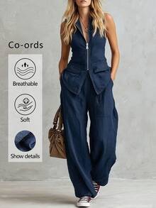 Glimmora Women's Fashion 2 Pieces Set Sleeveless Cut Collar Zipper Top And Long Pants Suitable For Commuting, Vacation - Navy Blue - View 3