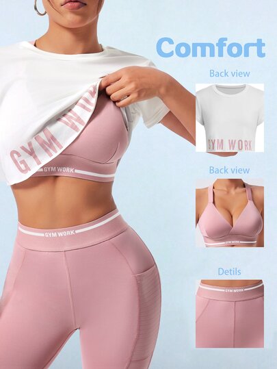 Sovereign Charm Women's Round Neck Short Sleeve Letter Print Simple Top And Pants Casual Versatile Sports Suit Workout Women Setwomen Set Leggings Gym Outfit