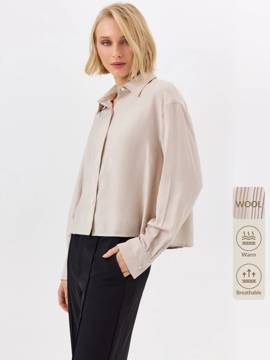 KÆRIA Hus Kemeja Lengan Panjang Berpotongan Kotak yang Rapi - Bahan Viscose yang Lembut - Beige - Minimalis untuk Bisnis, Kasual, Elegan, Kerja, Formal, Dasar, Sekolah, Kantor, Musim Gugur - Putih - View 1