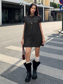 K-Vae 女款韓式甜美波點彼得潘領短洋裝，花瓣袖寬鬆修身A字裙，適合嬌小身型 - 黑色 - 查看 6