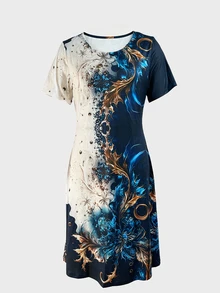 EMERY ROSE Women's Summer Casual Short Sleeve Dress With Plant Print Pattern And Round Neckline - Multicolor - View 3