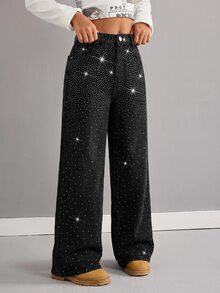 SHEIN Tween女孩亮面水鑽黑色牛仔寬鬆長褲 - 黑色 - 查看 3