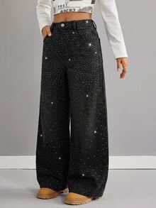 SHEIN Tween女孩亮面水鑽黑色牛仔寬鬆長褲 - 黑色 - 查看 4