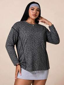 SHEIN Rhythm Era Plus Size Women's Leopard Print Casual Daily Wear Sports T-Shirt - Grey - View 5