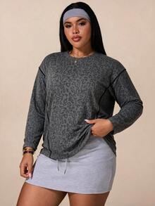 SHEIN Rhythm Era Plus Size Women's Leopard Print Casual Daily Wear Sports T-Shirt - Grey - View 3