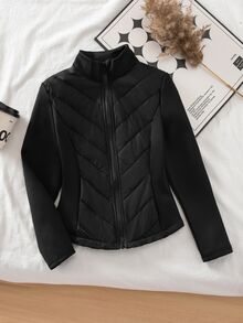 SHEIN Abrigo acolchado de invierno para niña preadolescente, color liso, con cremallera, estilo casual holgado, lindo y versátil, negro, para escuela y club - Negro - Ver 3