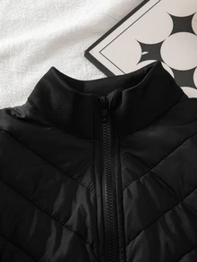 SHEIN Abrigo acolchado de invierno para niña preadolescente, color liso, con cremallera, estilo casual holgado, lindo y versátil, negro, para escuela y club - Negro - Ver 4