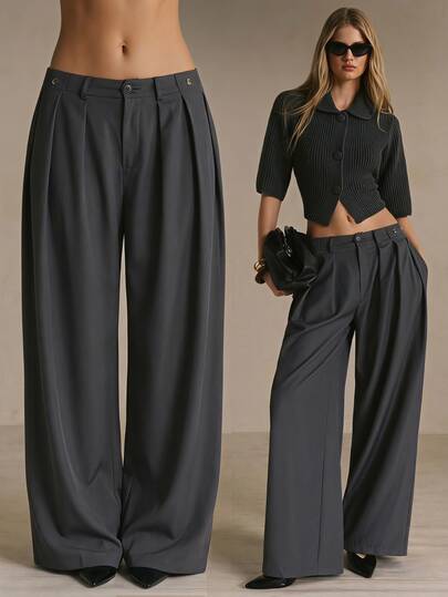 Poéselle Women's Charcoal Gray Pleated Wide-Leg Pants–High-Waisted Relaxed-Fit Tailored Trousers With Side Pockets Fall/Winter Office Outfits Bottom Gray Pants