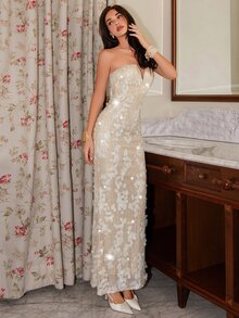 SHEIN Glamour Women's Strapless Sequin Evening Party Holiday Dress, Fashionable And Elegant - Apricot - View 4