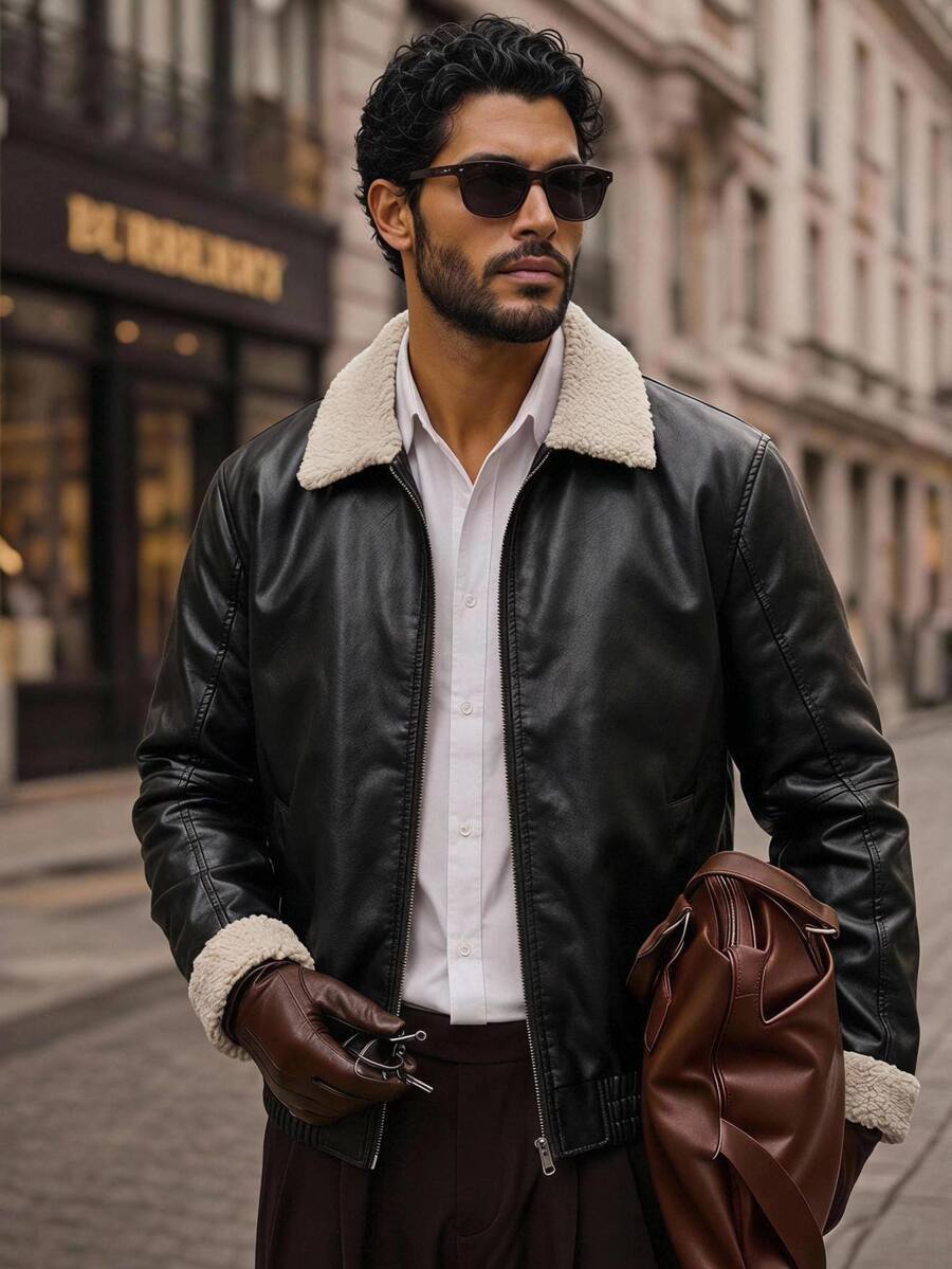 HIMLAND Men's Plush Patchwork Zipper Long Sleeve Jacket Streetwear,Suede Air Layer Jacket,Utility Cargo Jacket,Halloween Winter Party Autumn