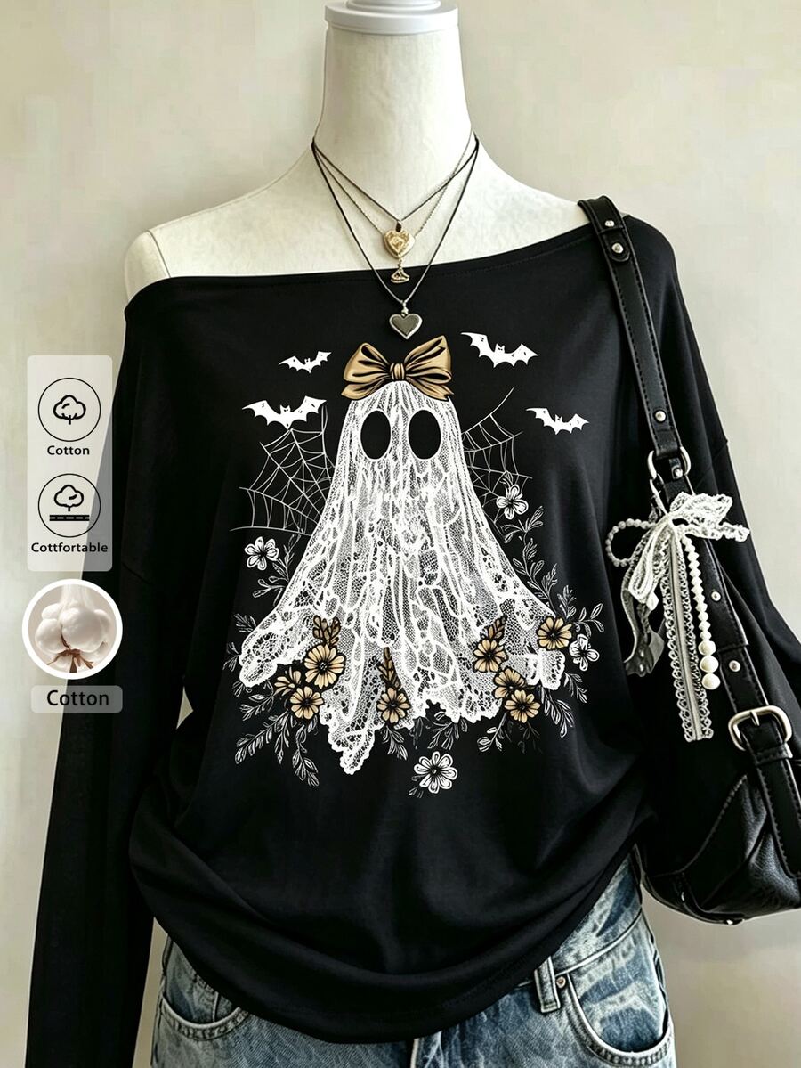 Lalippa Casual Fashion Versatile Women's Ghost Print Asymmetric Neck T-Shirt - Black - View 1