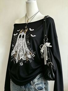 Lalippa Casual Fashion Versatile Women's Ghost Print Asymmetric Neck T-Shirt - Black - View 3