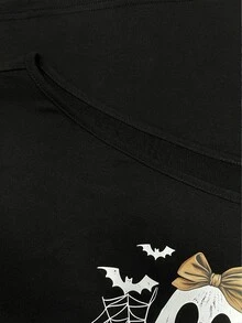 Lalippa Casual Fashion Versatile Women's Ghost Print Asymmetric Neck T-Shirt - Black - View 4