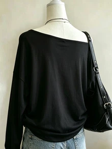 Lalippa Casual Fashion Versatile Women's Ghost Print Asymmetric Neck T-Shirt - Black - View 2