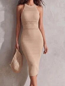 SHEIN Clasi Women's Sleeveless Casual Minimalist Textured Perforated Pleated Knit Dress - Camel - View 1