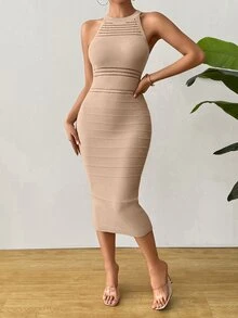 SHEIN Clasi Women's Sleeveless Casual Minimalist Textured Perforated Pleated Knit Dress - Camel - View 4